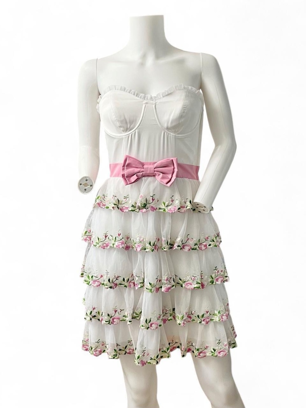 Betsey Johnson White & Pink Floral Tiered Party Dress with Bow - Picture 4 of 8
